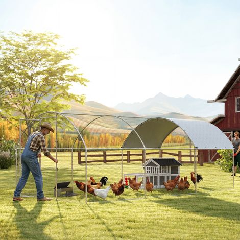 Gallinero para Exterior 2,8x5,1x1,9 m Cubierta de Tela Oxford Anti-UV Impermeable Pestillos para 15-24 Gallinas Plata (1/5)