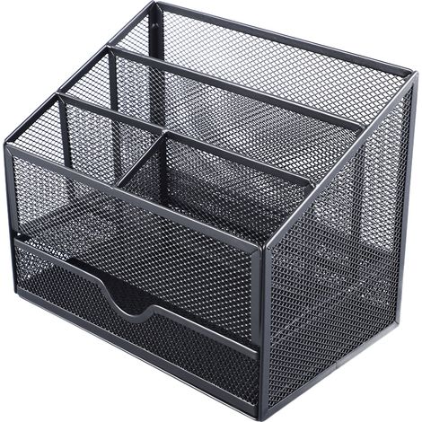 Bureau organiseur métallique en maille avec tiroir pour rangement de livres, stylos, agrafeuse, classeurs, clips et notes. (1/5)