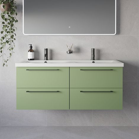 Napoli 390 Olive Green 1200mm Wall Mounted 4 Drawer Vanity Unit with Double Glide Basins - 1200mm - Gunmetal Grey 320mm Handle