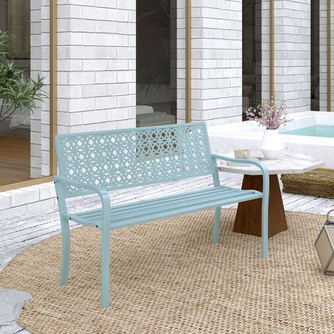 Banc de jardin 2 places, banc extérieur jardin en acier avec dossier ajouré, 127 x 63 x 85 cm, bleu (1/5)