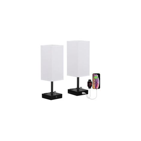 Nachttischlampe mit USB-C- und USB-A-Ladeanschlüssen, 3 einstellbaren Helligkeitsstufen, Stofflampenschirm, Chromfuß, moderne Schreibtischlampe für Wohn- und Schlafzimmer (2-teiliges Set - Crezuo)