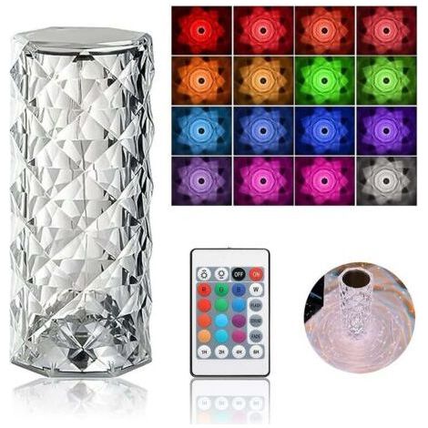 Lampe de Table en Cristal de Diamant, 16 Couleurs Usb Charge Lampe Tactile Veilleuse de Chevet avec Télécommande (1/5)