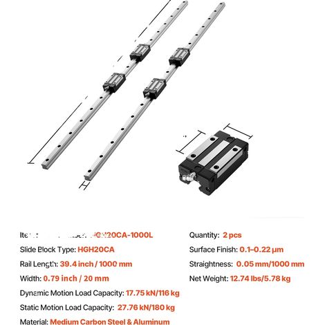 Kit de guide linéaire, matériau durable, fonctionnement fluide, 2pcs 1000mm (1/2)