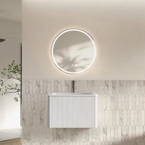 Conjunto de muebles de baño con espejo, mueble de lavabo de 60 cm con mueble bajo, mueble de lavabo de baño suspendido, premontado, armario a rayas con un cajón, blanco (1/5)