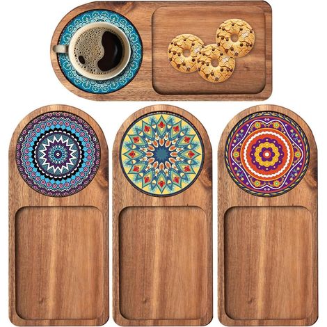 Lot de 4 plateaux de service en bois pour charcuterie, assiettes en bois pour dessert, collation, pain, fruits, apéritifs (1/5)
