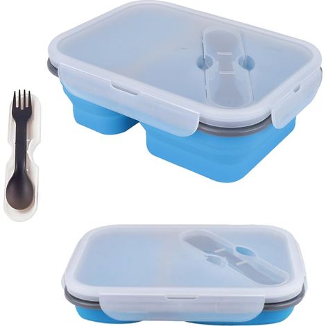 Stück zusammenklappbare Bento-Box – faltbare Lunchbox aus Silikon, auslaufsichere Lunchbox mit zwei Fächern und Löffel und Gabel für Erwachsene und Kinder (blau) (1/5)