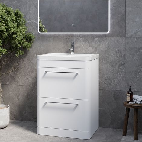 Oslo Gloss White 600mm 2 Drawer Vanity Unit with Anya Basin - 600mm - Chrome 320mm Handle