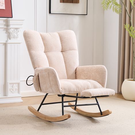 Silla mecedora de chenilla beige, respaldo alto, reposabrazos, bolsillo lateral, reposapiés (1/5)