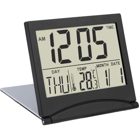 Orologio LCD con data e giorno, sveglia da viaggio pieghevole – Sveglia digitale – Orologio da tavolo/scrivania con visualizzazione della temperatura e della data – Nero