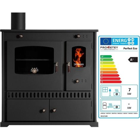 Prometey – Cuisinière à bois 7kW – Efficacité 83,63% – Surface chauffée 30 à 80 m² – Conduit de fumée gauche – Dimensions 81x46x80 cm (1/4)