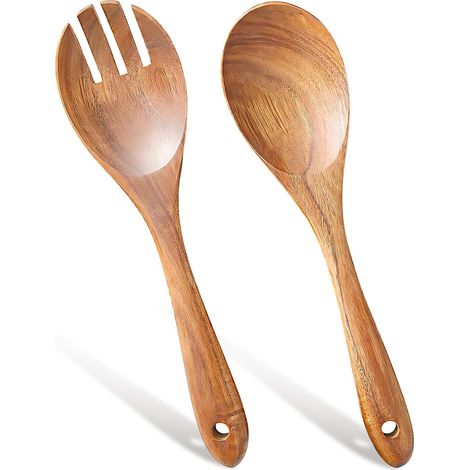 Lot de 2 couverts à salade en bois d'olivier de 26 cm - Fourchette à salade et cuillère à salade - Couverts en bois d'olivier pour salade, pâtes, fruits (1/5)