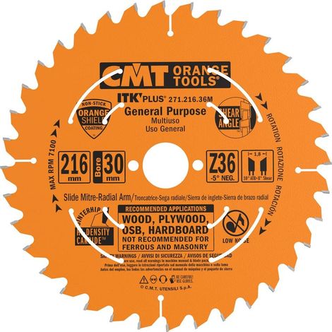 CMT - Hoja de sierra circular 216mm - Alesaje 30mm - 36 dientes - Acero alta calidad para madera tendre y duro - Reducción de vibraciones