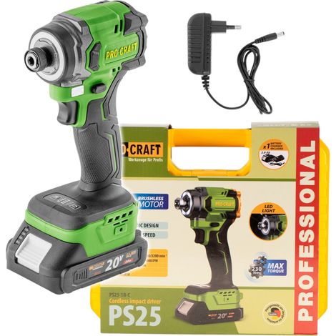 Procraft PS25-1B-C Akku Schlagschrauber 20 V 230 Nm 1/4" Brushless + 1x Akku 2,0 Ah + Ladegerät + Koffer (1/5)