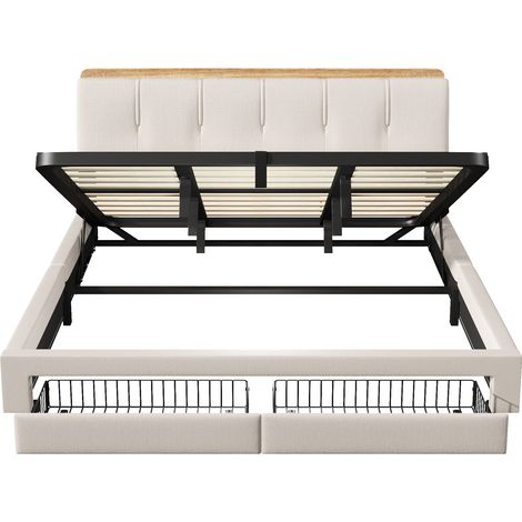 Letto contenitore capitonné 180 x 200 cm in lino beige, USB-C, LED, senza materasso, HOMVRA (1/5)