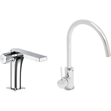 Set miscelatore lavabo senza scarico + miscelatore da cucina 36,3 cm con braccio girevole, cromato (SATBSUR271CR)