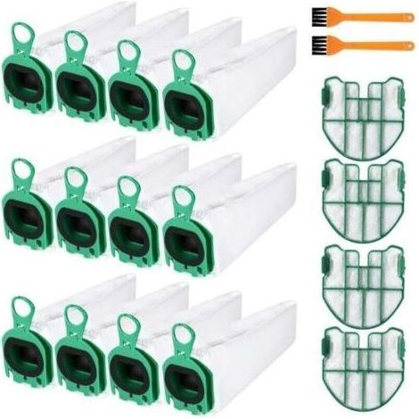 12 sacs aspirateur compatibles avec Vorwerk Kobold VB100 et FP100 – Lot complet avec 4 filtres moteur lavables et 2 brosses de nettoyage (1/4)