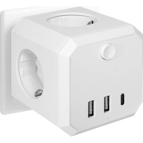 multiprise cubique Longziming avec USB-C et 2 ports USB-A – 4 prises – 4000 W 16 A – Sans fil – Interrupteur marche/arrêt – Adaptateur secteur compact (1/5)