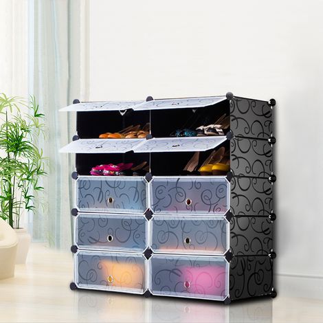 SiFree®Armoire a Chaussures Meuble de Rangement pour 24 Paires de Chaussures 12 Cube Etagere a Chaussures Etagere de Rangement en Plastique 95 37 91.5cm Noire et Blanc Imprimee (1/4)