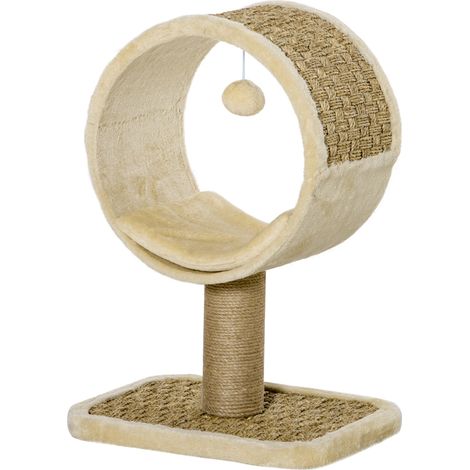 PawHut Arbre à chat en cercle avec griffoir en jute et jouet de souris coussin en peluche doux en panneaux de particules 40 x 30 x 56 cm kaki beige café (1/5)