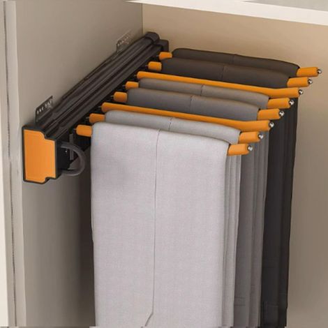 Porte-pantalons ajustable anti-glisse – Floqué pour protéger les tissus – Rail coulissant amorti – Jusqu'à 8 pantalons (jeans, cravates, foulards) – Fixation réglable (1/4)