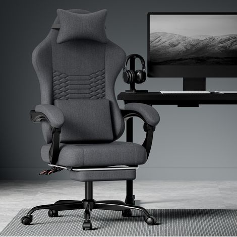 Silla gaming ergonómica con reposapiés, apoyacabezas, soporte lumbar, reposabrazos vinculados, tela negra (1/5)