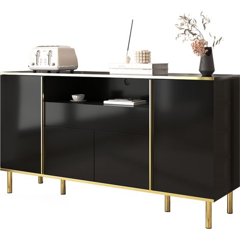 Madia 150x40x80cm, 4 Ante e 1 Cassetto, Illuminazione LED, Eleganza Brillante con Accenti Dati, MDF, Nero, er Soggiorno (1/5)