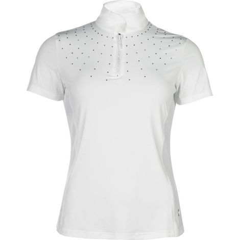 XXL, bianco: Maglia donna da concorso modello Skadi con inserto in rete e decoro cristalli