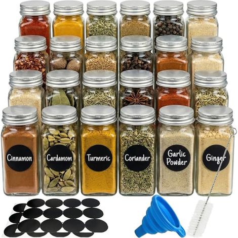 Pots à Épices Carrés en Verre avec Saupoudreur Bocaux Vides Hermétiques Kit Complet Étiquettes Entonnoir Brosse Rangement Cuisine Organisé (1/5)
