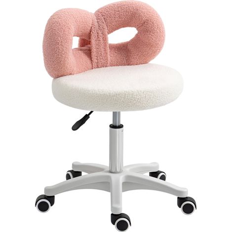 Tabouret à roulettes, dossier réglable en hauteur (63-77 cm), revêtu de tissu sherpa blanc et rose Tabouret à roulettes, dossier réglable en hauteur (63-77 cm), revêtu de tissu sherpa blanc et rose