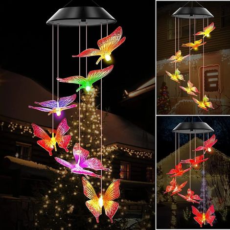 Campanelli a vento solari da esterno, a forma di farfalla con luci LED solari a cambio di colore, adatti per terrazze, feste in giardino e decorazioni per alberi (a forma di farfalla, trasparenti).