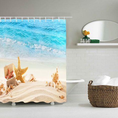 Rideau de douche à motif de plage, imperméable et anti-moisissure, avec crochets, 180 cm x 180 cm (1/5)