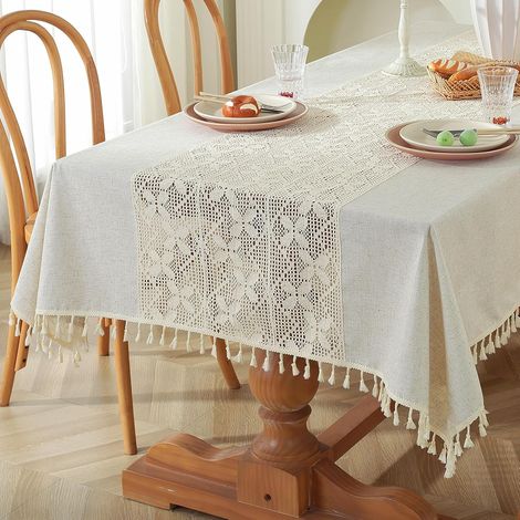 Mantel rectangular de ganchillo, 140x180cm, lavable, con borlas, estilo bohemio moderno con encaje beige. (1/5)