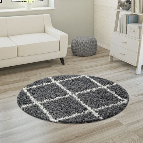 Paco Home Hochflor Teppich Weicher Wohnzimmer Shaggy Skandinavischer Stil Rautenmuster Anthrazit, 160 cm Rund