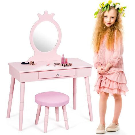 GOPLUS Coiffeuse pour enfants avec tabouret,coiffeuse et chaise,table cosmetique avec miroir et tiroir,egalement comme bureau,Rose (1/5)