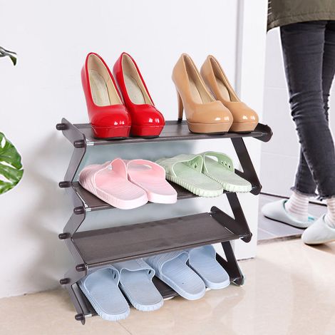 Étagère à chaussures à 4 niveaux en acier inoxydable pour la maison, support de rangement (couleur café) (1/5)