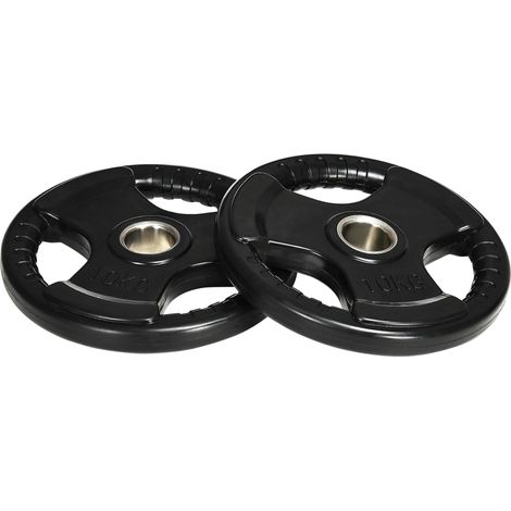 Disques de musculation, lot de 2, Tri-Grip, 2 x 10 kg, disques olympiques caoutchoutés, adaptés aux sols, alésage de 5 cm, trois poignées pour l'entraînement de force
