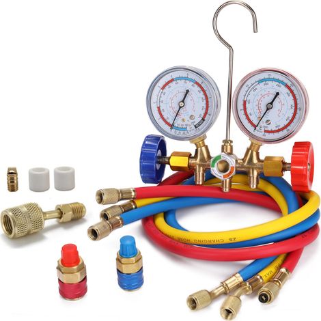 Manomètre de diagnostic de climatisation à 3 voies pour fluides frigorigènes R134A, R12, R22 et R502, avec coupleurs et adaptateur Acme (1/5)
