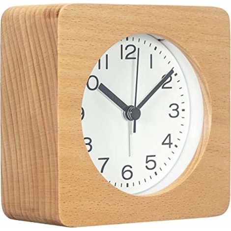 Réveil carré en bois de 7,6 cm avec chiffres arabes, silencieux, sans tic-tac, rétroéclairé, à piles, style nature-E