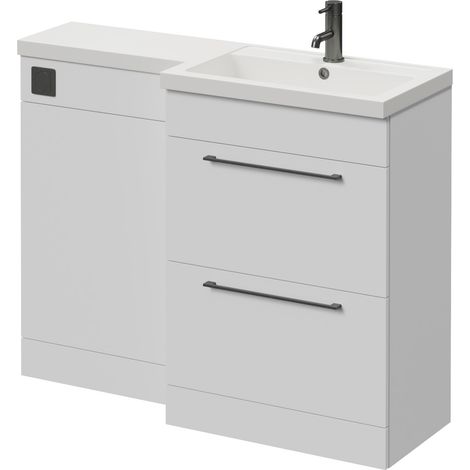 Napoli 390 Gloss White 1100mm 2 Drawer Vanity Unit Toilet Suite with Square Right Hand Lucia Basin - 1100mm - Gunmetal Grey 320mm HandleWithout Kingston Toilet Pan