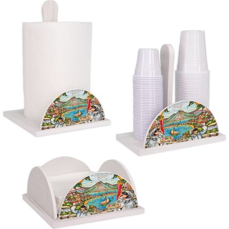 Lupia - Set 3 Pezzi Cucina in Legno White NAPOLI PULCINELLA Porta Tovaglioli, Porta Bicchieri, Porta Rotolo, Decorazione Elegante, Adatto a Stili Moderni e Classici (1/4)