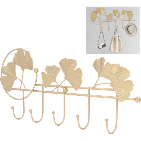 Porte-manteau mural design feuille Ginkgo, porte-manteau mural en métal noir, rack mural 46 x 20,5 cm pour vêtements chapeaux et clés, rack mural pour décorer la maison (1/5)
