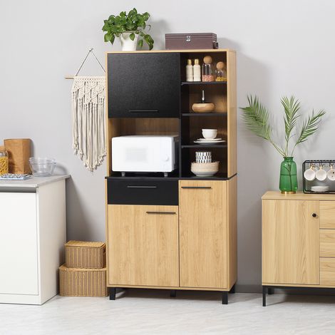 Küchenschrank mit mehreren Stauräumen, Schublade, 3 Schränken, 4 Nischen und Kabelmanagement, 180 cm hoch, schwarz und naturfarbenes Holz