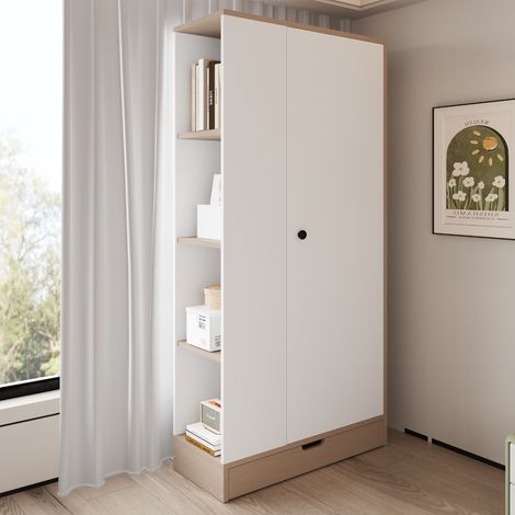 Armario ropero, armario de almacenaje ahorra espacio de 1 puerta para dormitorio y recibidor, de madera y metal 70 x 40 x 170 cm con estantes y cajones, Blanco (1/5)