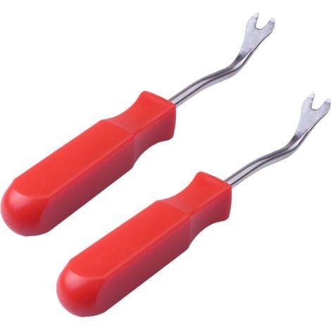 Outils pour retirer les clips des 2 panneaux intérieurs de portières de voiture : tournevis, arrache-clou, clé rouge de 10 cm. (1/5)