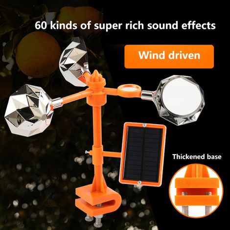 Colorful diamond-shaped bird repellent, solar powered, voice activated, wind operated, 360-degree flashing bird repellent for bird control in orchards and farmland. (1/5)