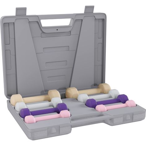 Set di 4 paia di manubri da 0,5 kg a 2 kg con valigetta – Manubri esagonali in ghisa con rivestimento in neoprene – Rosa e grigio (1/5)