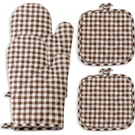 Lot de 4 gants de cuisine et maniques pour four, à carreaux café, double face, matelassés, lavables et résistants à la chaleur (1/5)