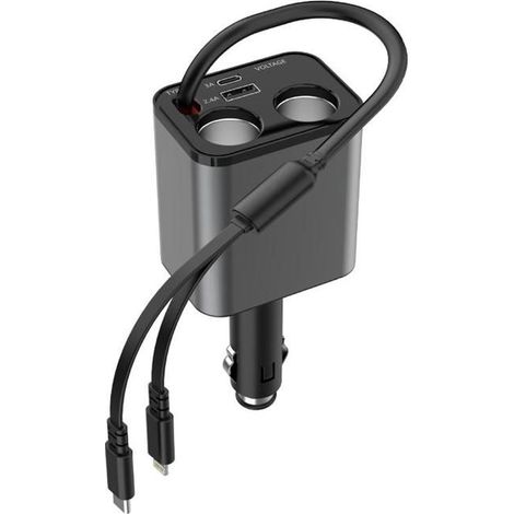 Chargeur Allume-Cigare USB 120W Rétractable 2 Ports QC/PD - Charge Rapide Voiture avec Câbles Type-C et 8 Broches - Comp... (1/5)