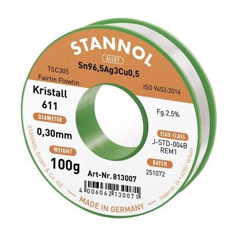 ESTAÑO SOLDADURA SIN PLOMO ESTANOL KRISTALL 611 FAIRTIN 813007 SIN PLOMO SN3.0AG0.5CU 100 G 0,3 MM 1 UZA(S)