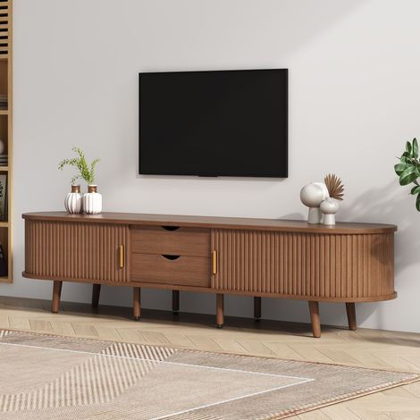 Meuble TV 170x40x42cm en noyer, placard bas avec rangement et table ronde en panneau MDF grain bois, 2 tiroirs, portes coulissantes, convient pour TV 75 pouces (1/5)